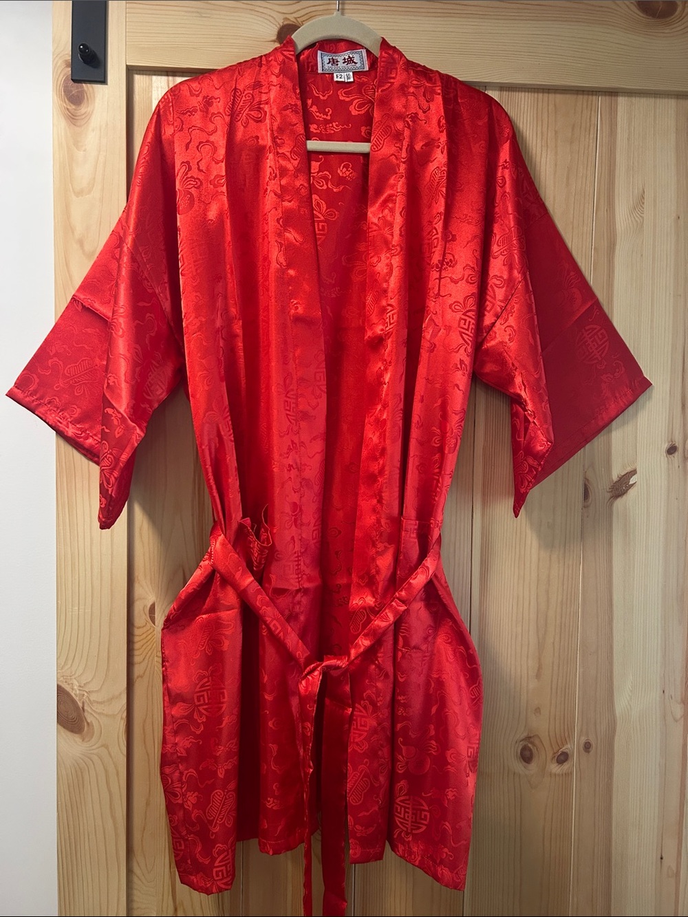 Women's Red Silk Kimono Robe with Tie Belt